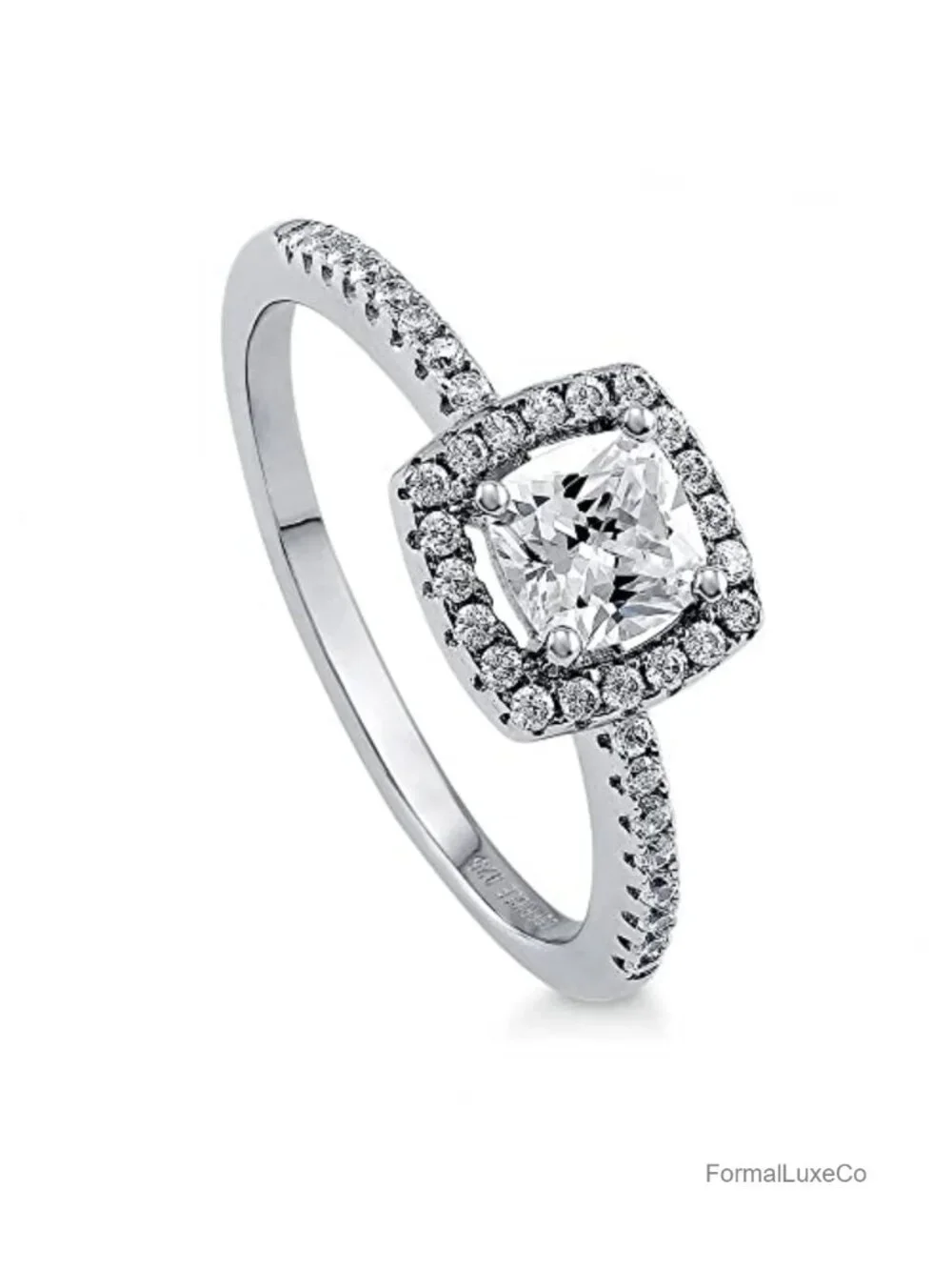 Sterling Silver Halo Engagement Ring Cushion Cut Cubic Zirconia